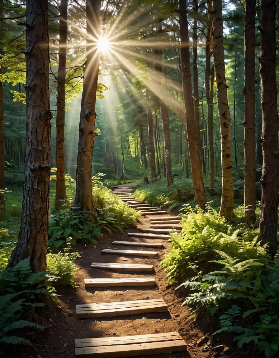 A serene scene depicting a winding path through a picturesque forest, with rays of sunlight breaking through the trees, illuminating a wooden signpost featuring biblical verses and testimony quotes. Include diverse individuals of varying ages and backgrounds, interwoven in conversation and prayer, with expressions of hope and empowerment. The atmosphere should evoke tranquility and inspiration, inviting viewers to explore their faith. vibrant colors. super-realistic.