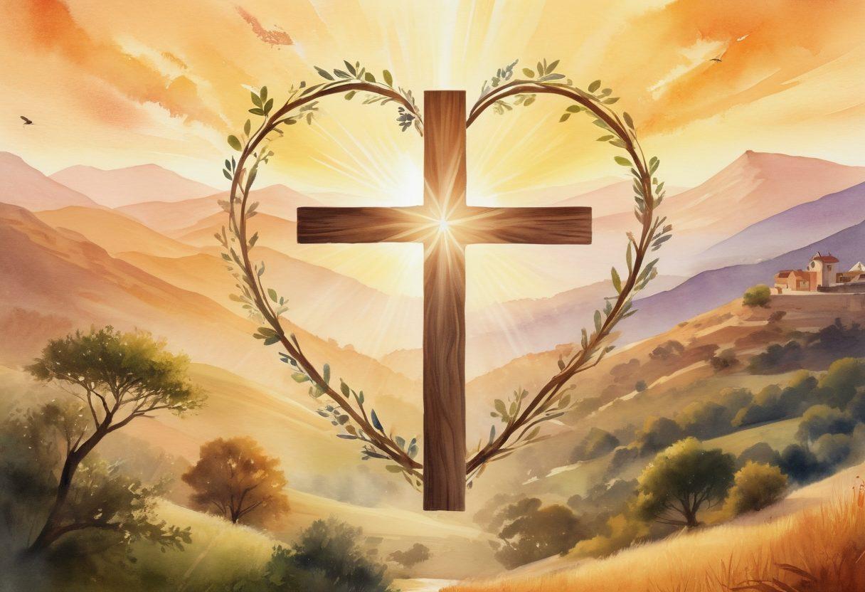 A serene and luminous heart-shaped symbol, radiating warm light, surrounded by diverse Christian symbols like the cross, dove, and olive branch, reflecting a community of faith. The background features a tranquil landscape with gentle hills, suggesting a peaceful atmosphere for contemplation. Soft rays of sunlight illuminate the scene, inviting meditation and encouragement. watercolor-style. warm tones. ethereal glow.