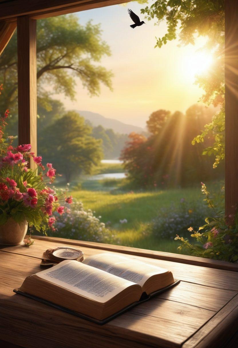 A serene and tranquil landscape featuring a sunrise illuminating an open Bible resting on a wooden table, surrounded by nature—flowers blooming and birds flying in the distance. Soft beams of light symbolize divine inspiration, while a silhouette of a person in prayer adds a personal touch to the scene. Gentle, harmonious colors evoke peace and hope. super-realistic. vibrant colors. 3D.